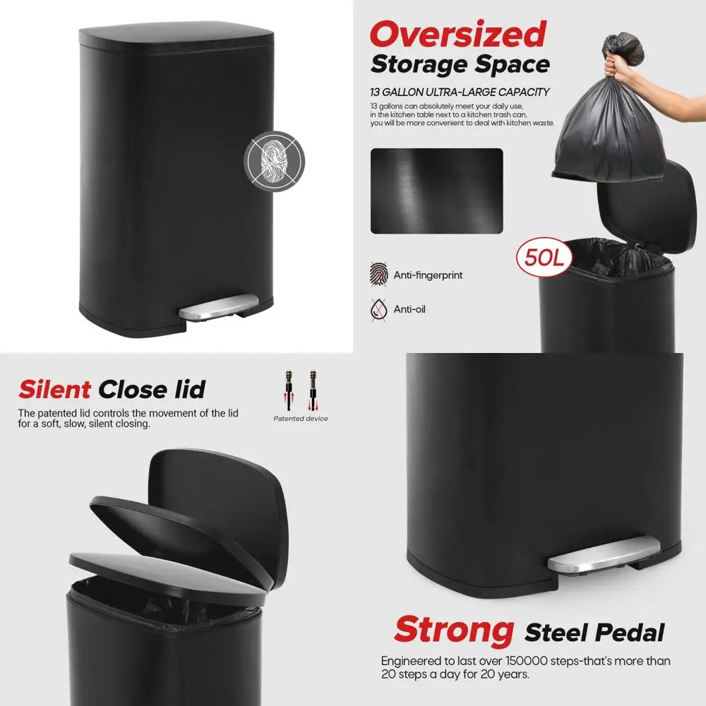 

Trash Can, Garbage Can 13 Gallon/ 50L Stainless Steel Metal Bathroom Step Waste Bin for Home and Kitchen Waste and Recycling,Bla