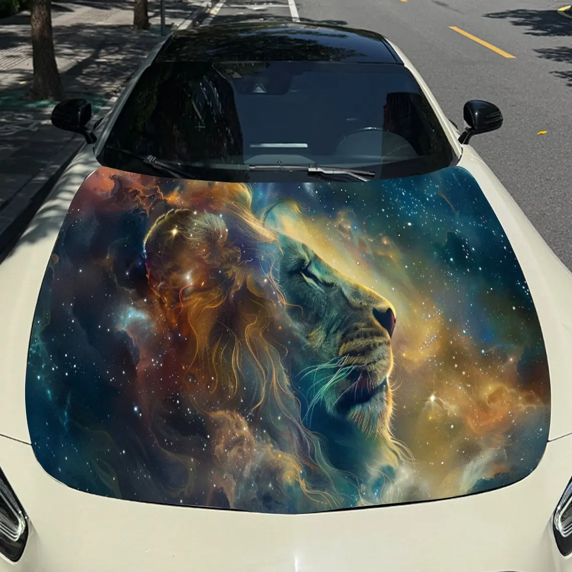 طباعة الأسد المرصعة بالنجوم السماء ، ملصقات غطاء محرك السيارة ، ملصق غطاء السيارة ذاتي اللصق PVC مقاوم للماء ، ملصقات حماية تزيين غطاء السيارة ، AU #4
