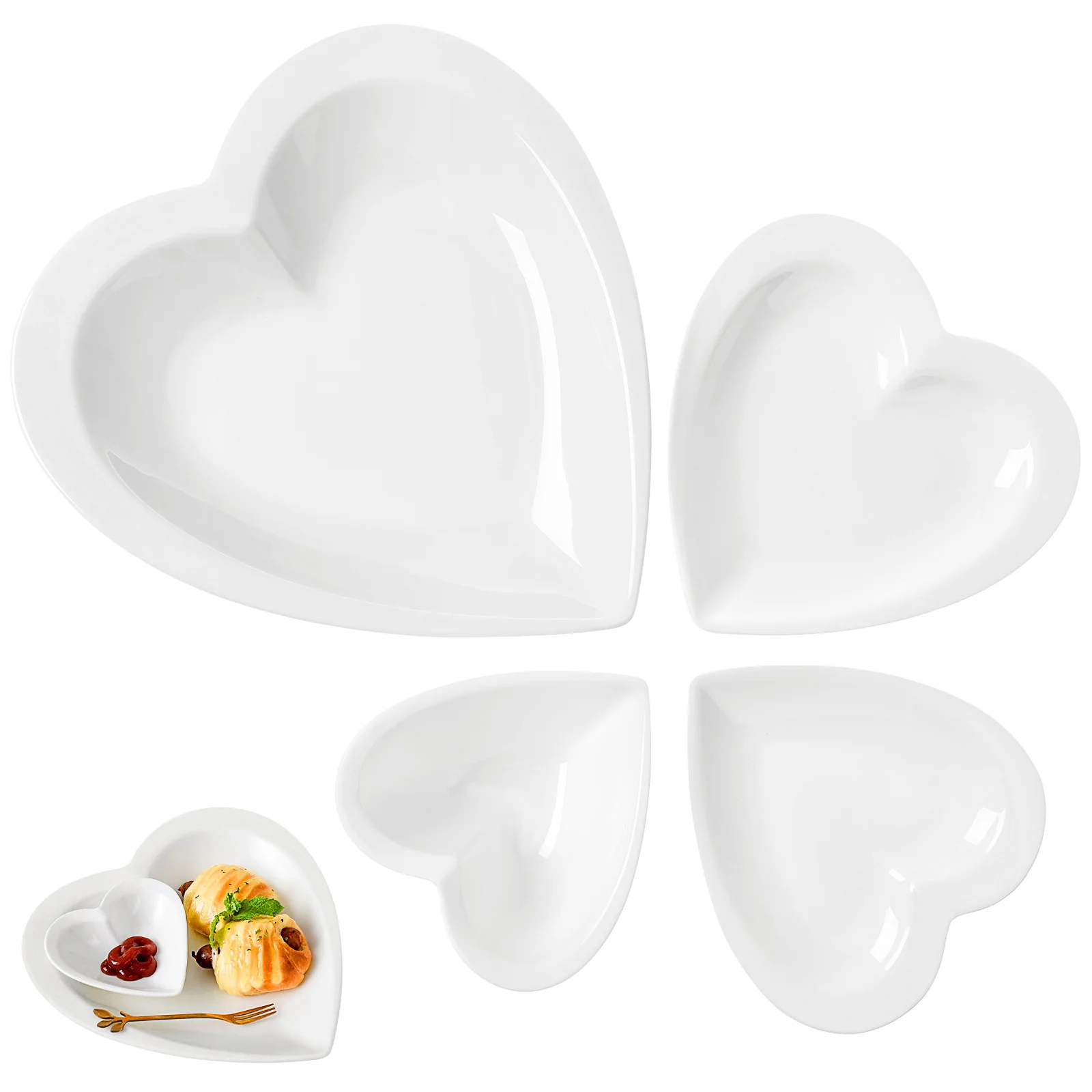 

4Pcs Heart Shaped Ceramic Bowls Set Different Sizes Smooth Rim Stackable for Desserts Salads Fruits Snacks Kitchen Dining
