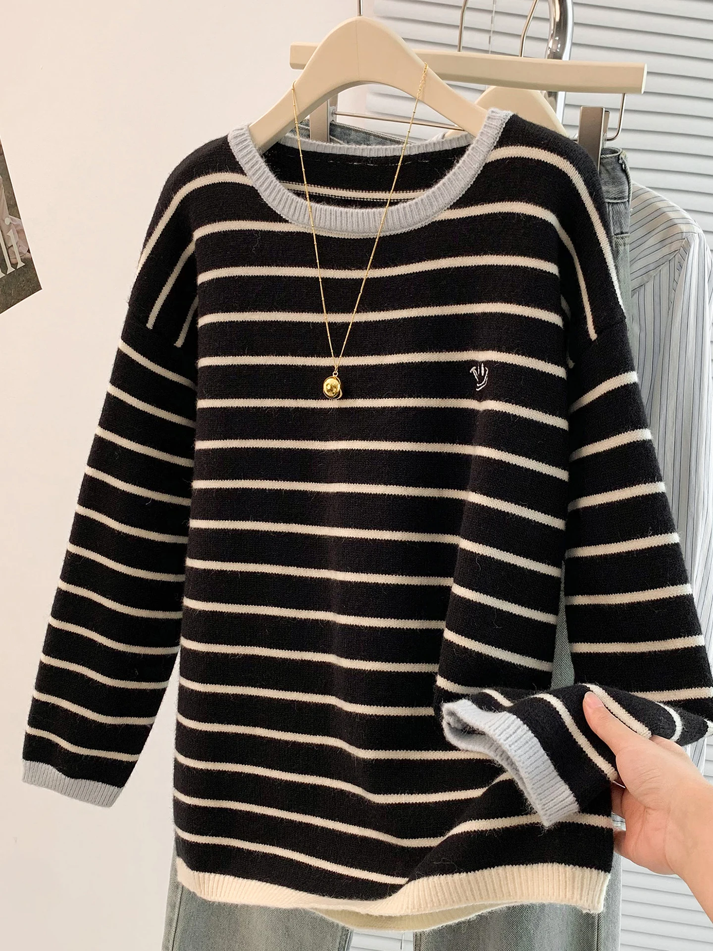 فضفاض محبوك جولة Ne سترة المرأة مكافحة الشيخوخة الشتاء أعلى البطن إخفاء اللون بلو مخطط الكورية Sle الملابس الداخلية #2