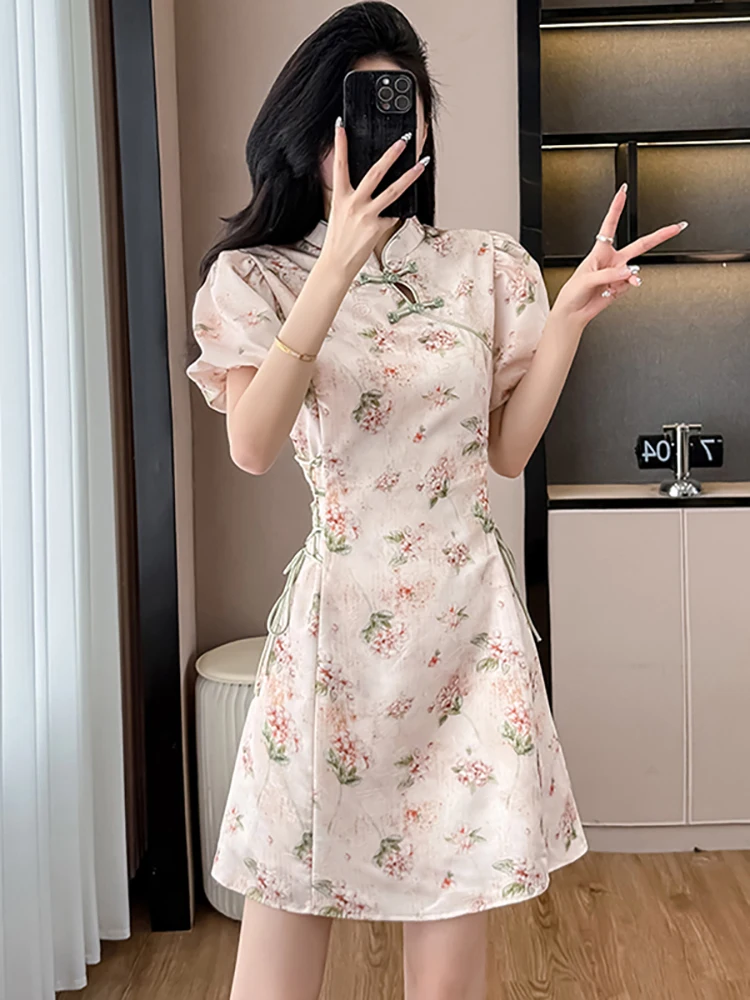 Robe Cheongsam d'été à col montant pour femmes, manches bouffantes, moulante, à bandes, mode coréenne, élégante, Festival, 2025