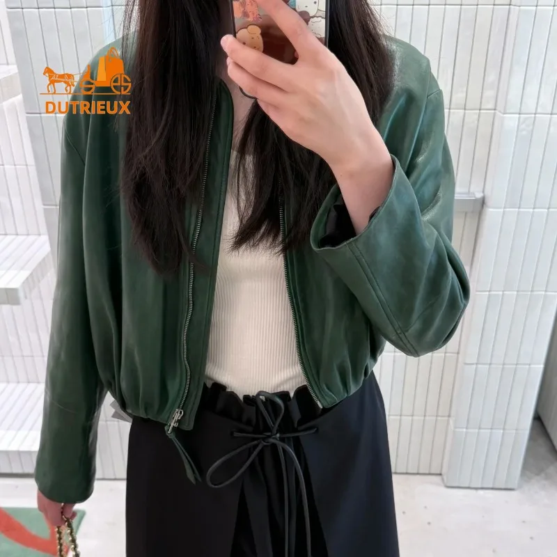 Winter Retro Fashionable Leather Jacket with Soft and Delicate Back Pleated Design,100% Sheepskin Heavy Leather Jacket for Women