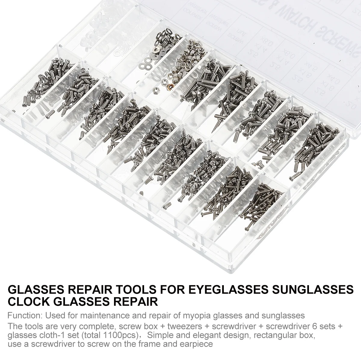 

1000Pcs Glasses Repair Kit Aluminum Alloy Black Silver Includes Screws Tweezers Screwdrivers Cloth Eyeglasses Sunglasses Repair