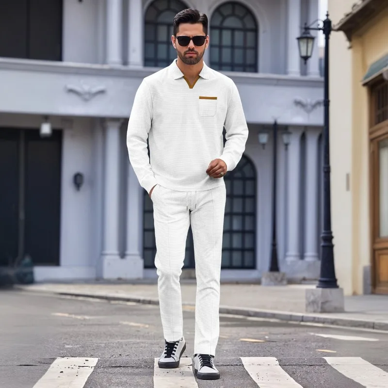 Men Solid Color Lapel Pocket Two Piece Set Spring Autumn Casual Outdoor Matching Outfit