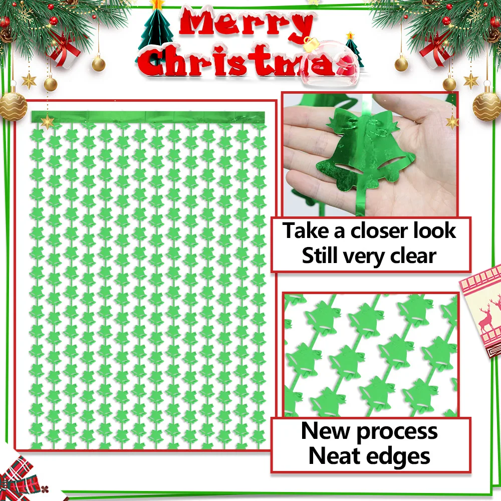 خلفية عيد الميلاد وستارة الباب - ستائر بهرج جرس جلجل متألقة - ديكور مهدب أحمر/فضي/أخضر