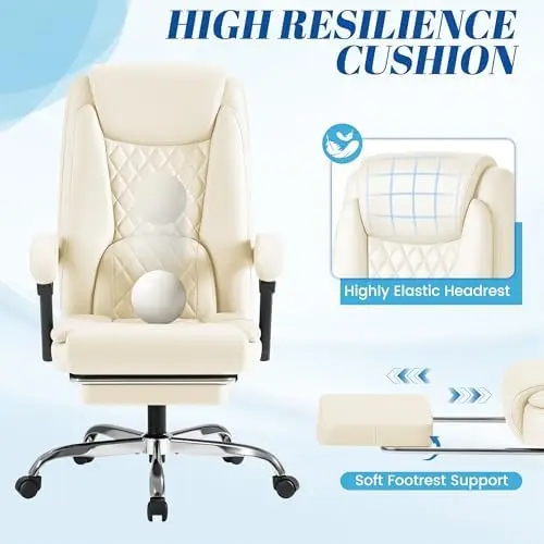 كرسي مكتب مريح مع مسند للقدمين، كرسي مهام دوار من الجلد، 90-135 °   استلقاء، بيج #5