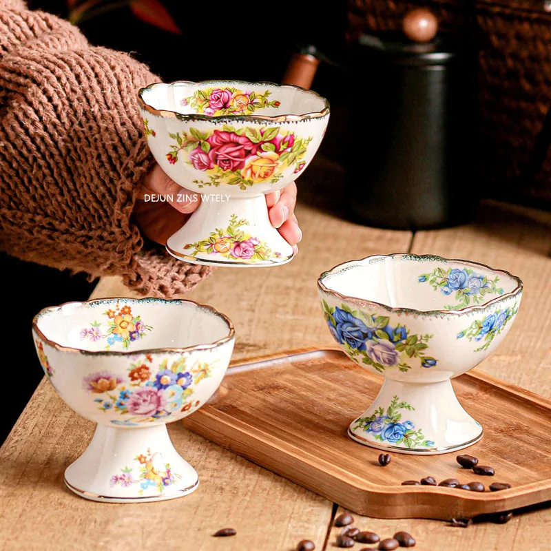 

1PC Exquisite Bone China Cake Plate European Afternoon Tea Fruit Dish Tall Ceramic Ice Cream Bowl Kitchen Ceramic Tableware