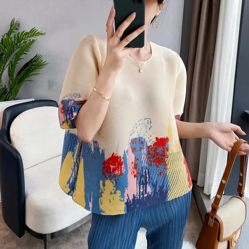 

Miyake Pleated T-Shirt Women's New Summer Print Advanced Feeling Slim Short Loose Joker T-Shirt Comfortable And Refreshing Top