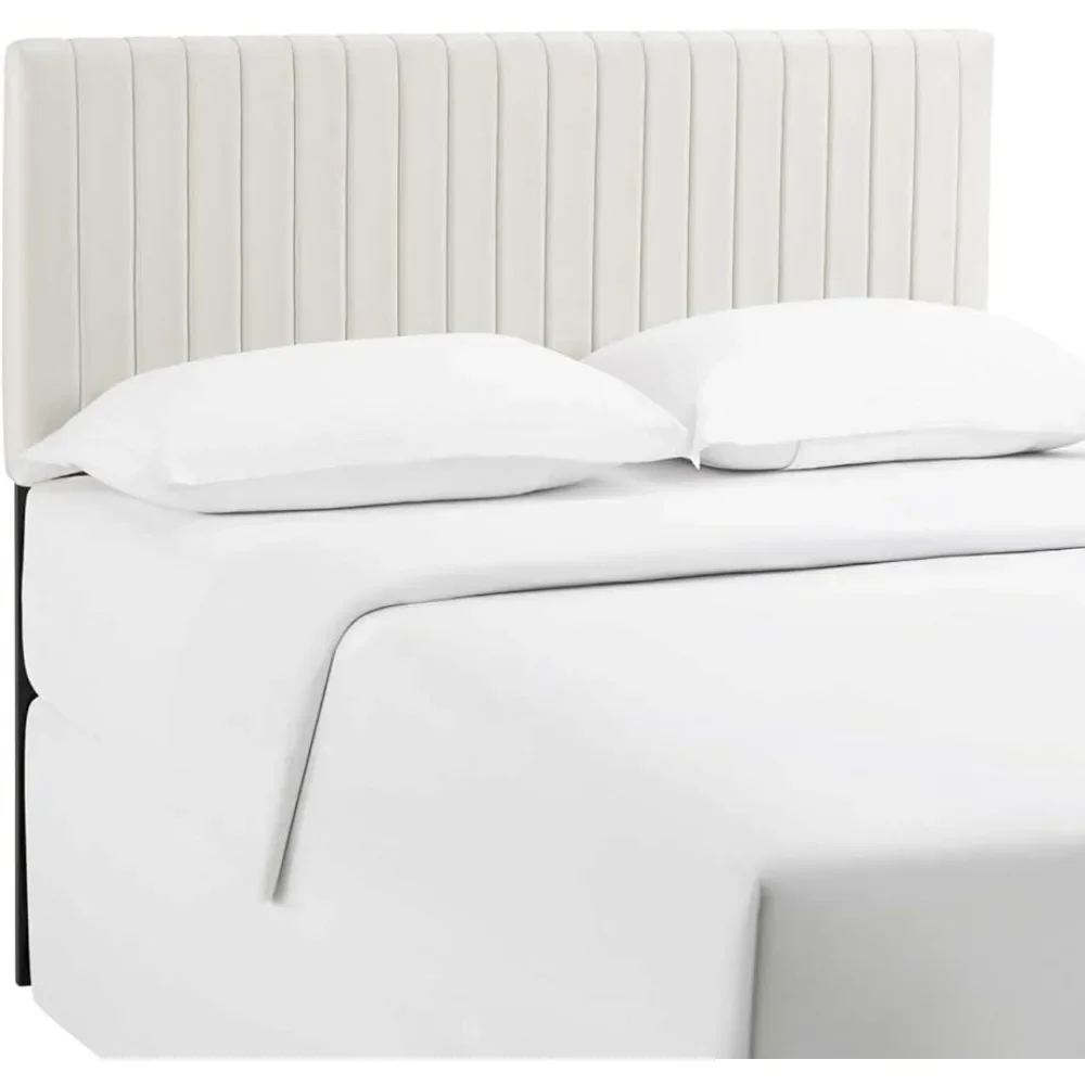 Keira Channel Tufted Performance Velvet Upholstered King Headboard in Ivory Beds for Bedroom Sofa Bed