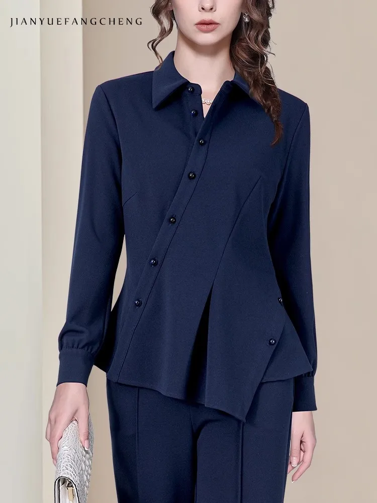 Mode femmes à manches longues col rabattu asymétrique boutonné chemise coupe ajustée printemps haut d'été Blouses