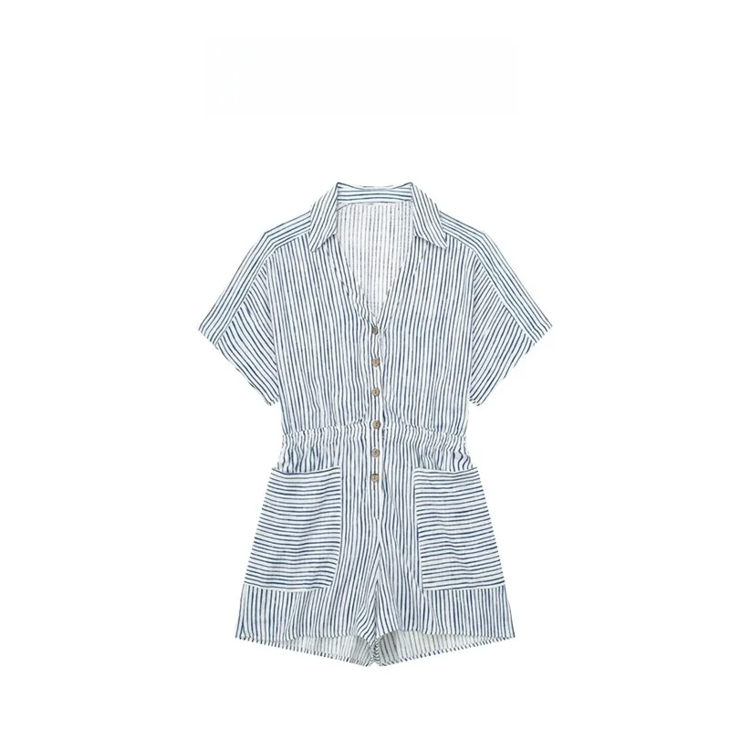 

Faionable Striped Linen Blend irt Sle Jumpsuit Women's Clothing Summer New Arrival 7826939 Cotton Blend Commute Sle m...