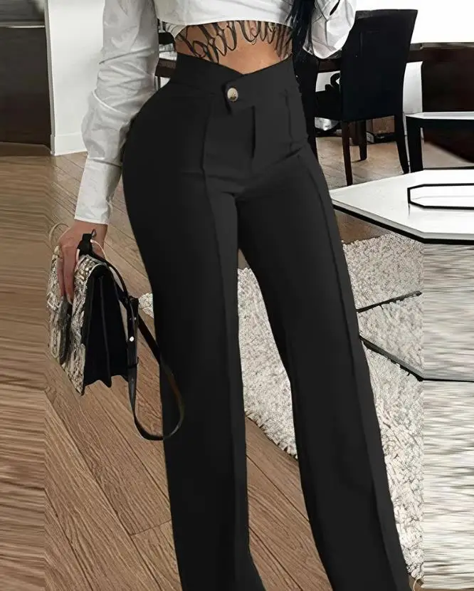 Work Pants Female Trouser 2023 New Fashion Women Elegant Button Pants Straight Leg Work Pants Casual Bottom Commuting Style