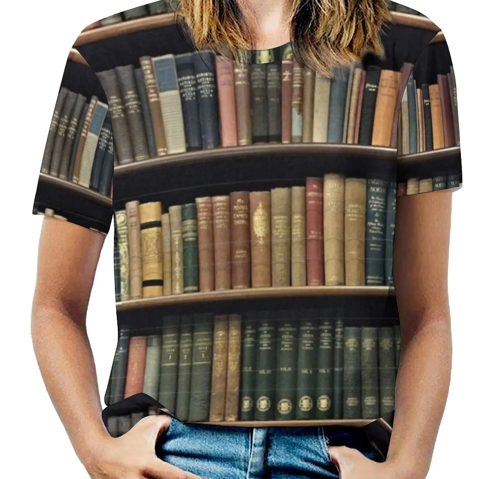 Endlosen Bibliothek (Muster) Woman'S T-Shirt Frühling Und Sommer Gedruckt T Shirts Crew Neck Pullover Top Buch Bücher Bibliothek