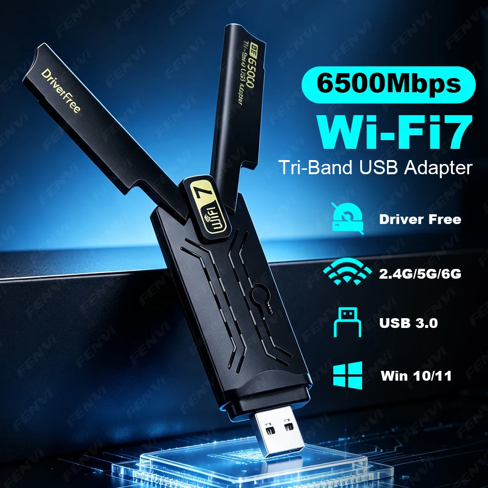 WiFi 7 USB 3.0 Adapter BE6500 Tri-Band 2.4G/5G/6GHz 6500Mbps Wireless Network Card Driver Free for Windows 11/10 PC Laptop