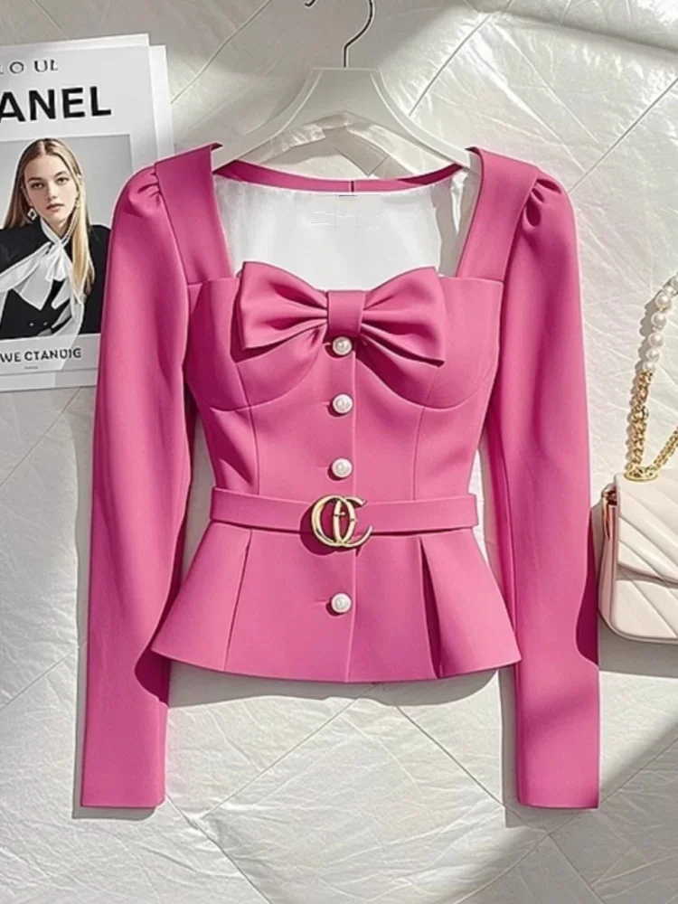 High Quality Retro Square Collar Bow Rose Blazers Jacket Formal Elegant Slim Fit Button Up Short Jacket Coat Elegant Women 2025