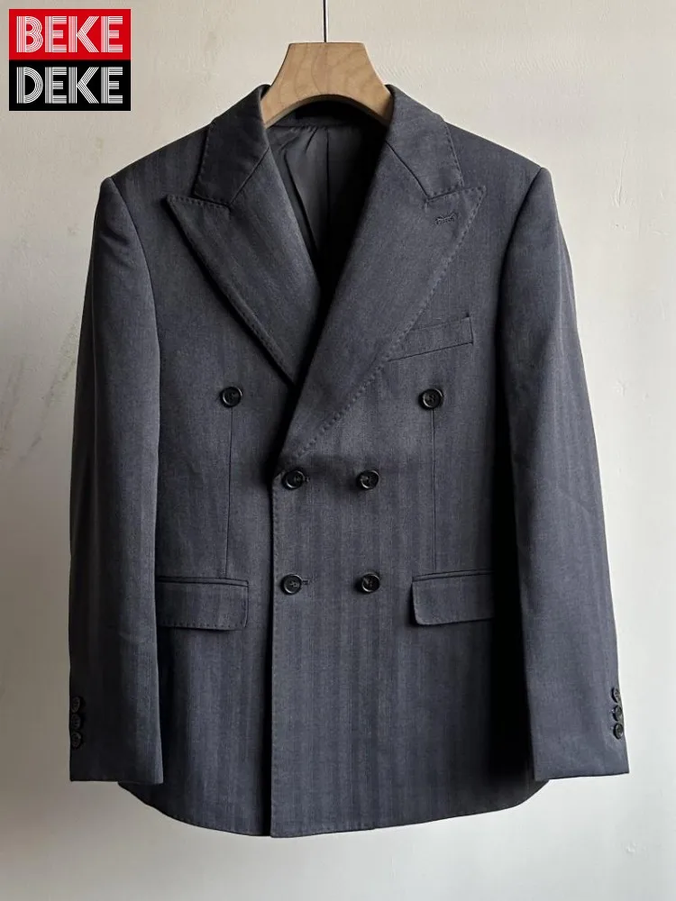 

Mens Business Casual Blazers Double Breasted Designer British Style Spring Autumn Office Men Work Vintage Slim Fit Suit Jacket
