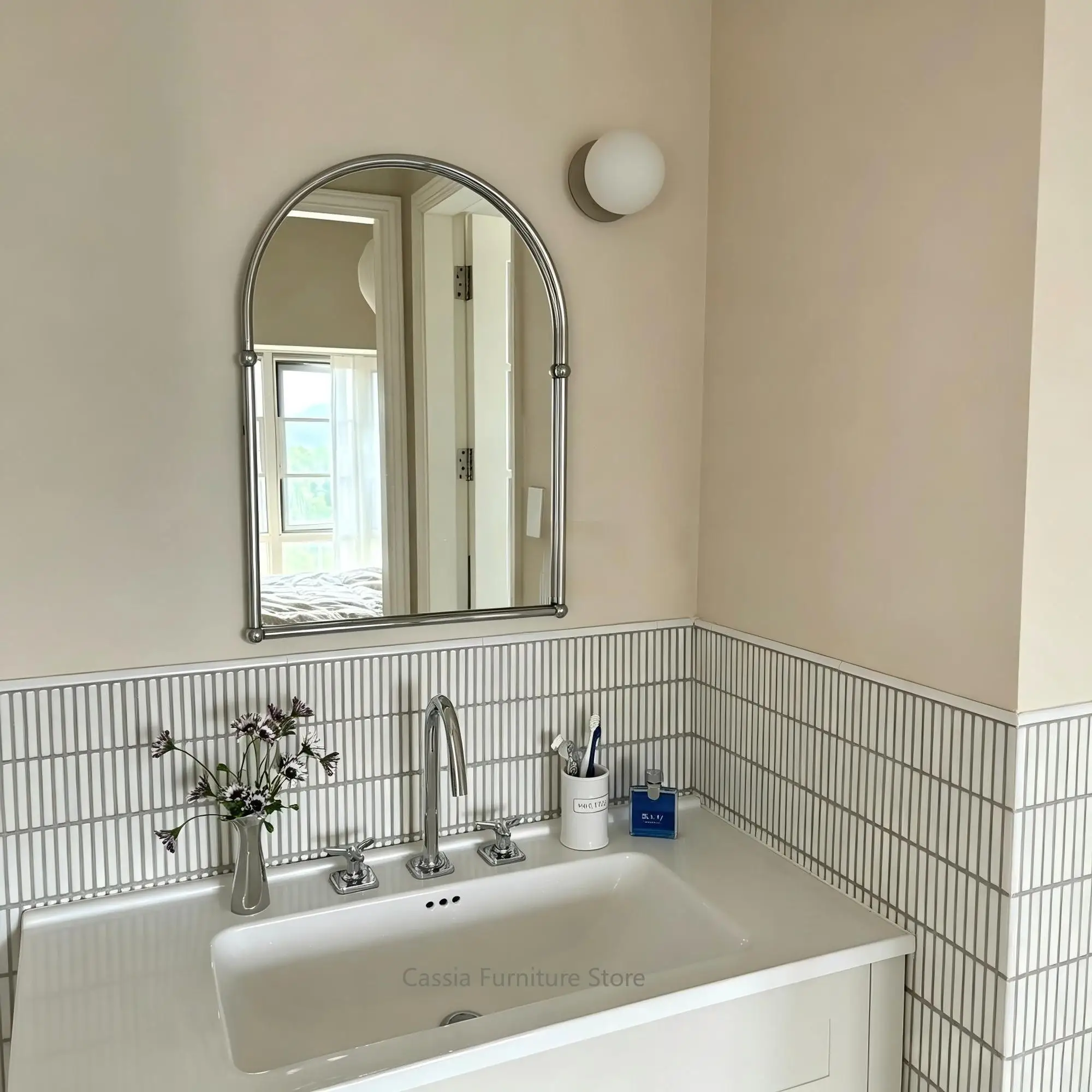 Light Luxury Silver Arch Mirror for Bathroom & Entryway, French Vintage Wall-Mounted Vanity Mirror