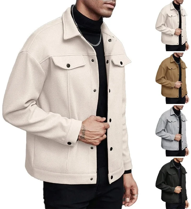 

Autumn and winter new style men's overcoat with turned collar, woolen fabric, casual sports business jacket