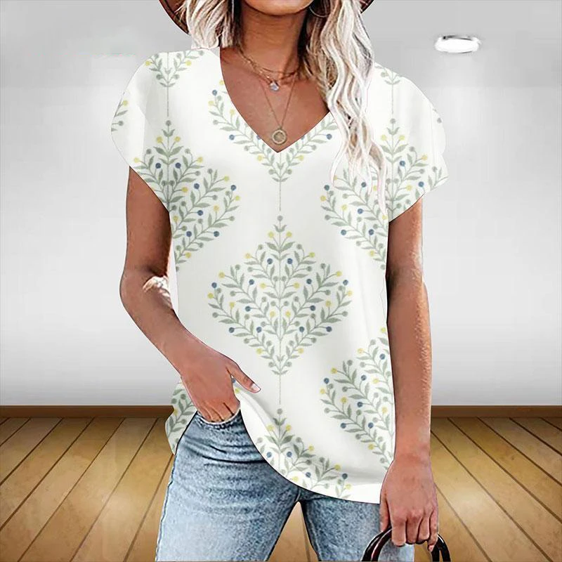 Camiseta con estampado Floral para mujer, Tops básicos de verano con cuello en V y estética de plantas, jersey de gran tamaño con estampado 3d