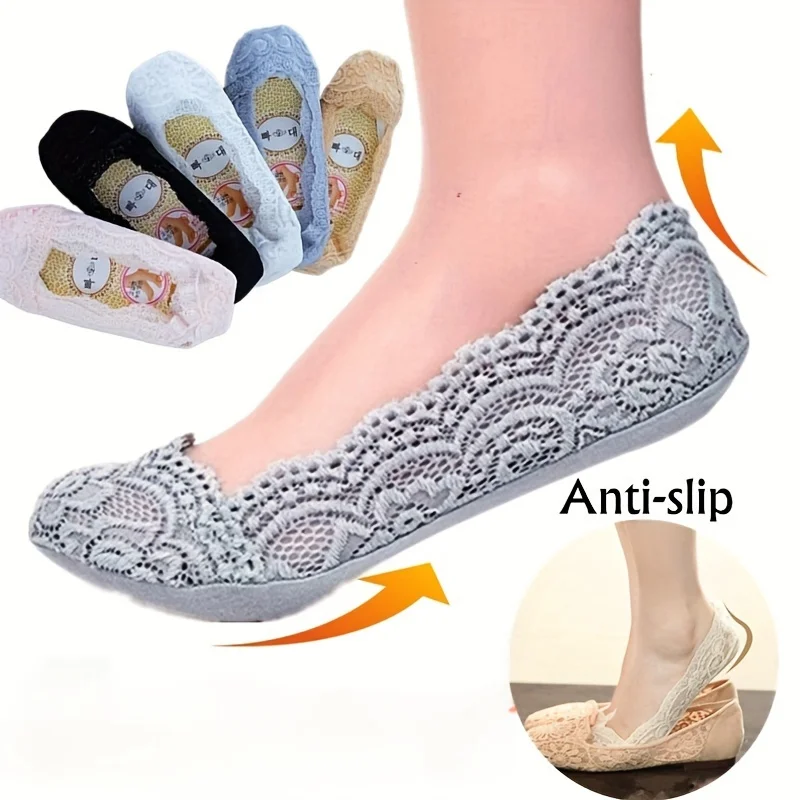 

5 pairs of women's non slip lace invisible boat socks solid color casual socks, high heels accessories