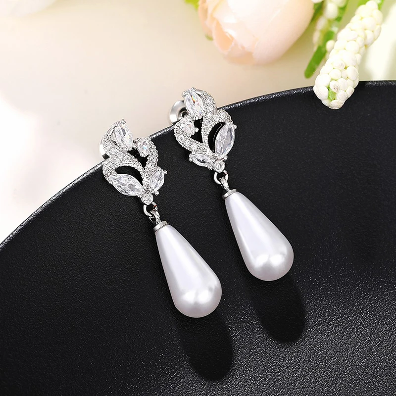 Huitan Aesthetic Imitation Pearl Dangle Earrings for Women Brilliant Cubic Zircon Luxury Female Wedding Earrings Fashion Jewelry