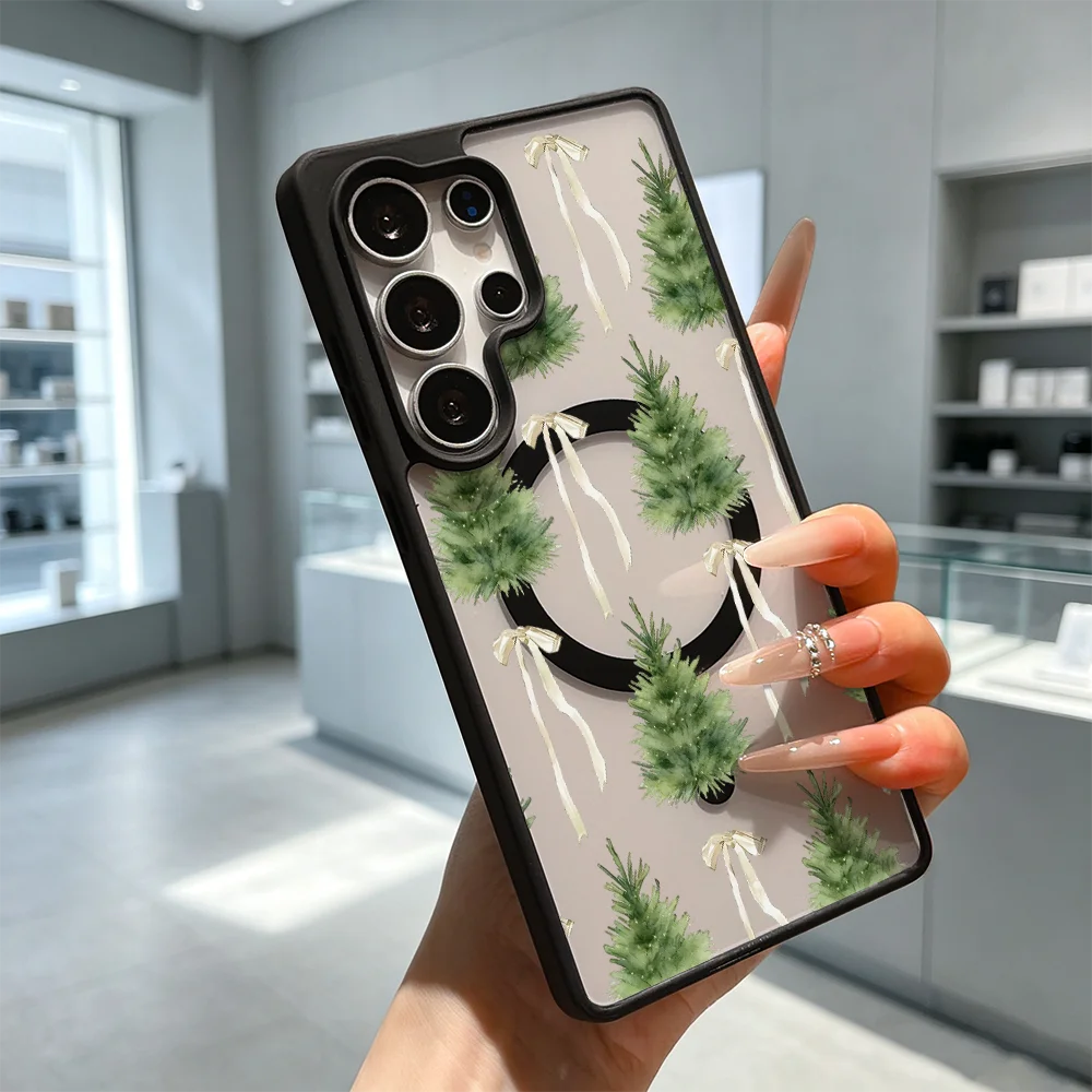 Christmas Trees Bows Anti-Yellow Magnetic Transparent Case For Samsung Galaxy S26 S25 S24 S23 S22 Ultra FE A17 A37 A57 Cover