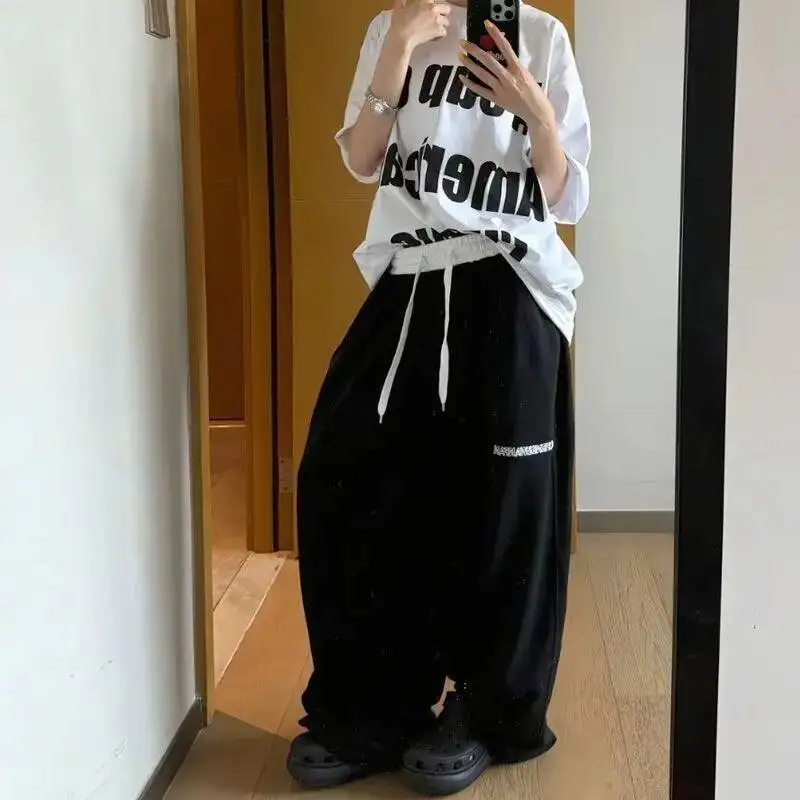 Trendy Wide Leg Drawstring Casual Dance Pants Female Emo Tra Hip Hop Fashion Grunge Gothic Streetwear Trousers Women 2000s Pants