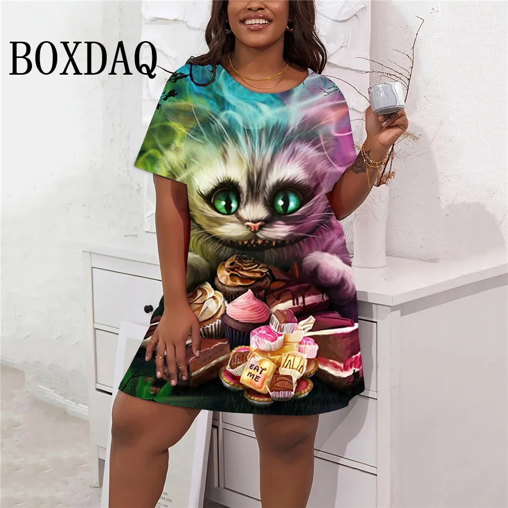 Classic Cat Print Women Dresses Summer Fashion Street Hipster Casual Short Sleeve Mini Dress Loose Oversized Clothing Plus Size