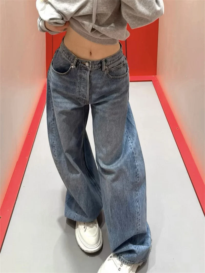 جينز كبير الحجم بحروف حجر الراين الأمريكي القديم للنساء صيفي بنمط جديد نحيف وفضفاض بنطال ذو قصة أرجل واسعة بطول الأرض