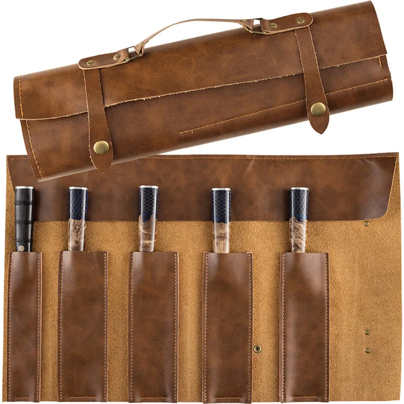 

Chef Knife Roll Bag Leather Professional Work BBQ Kitchen Knife Storage Carving Pocket Picnic Camping Knife Organizer Case