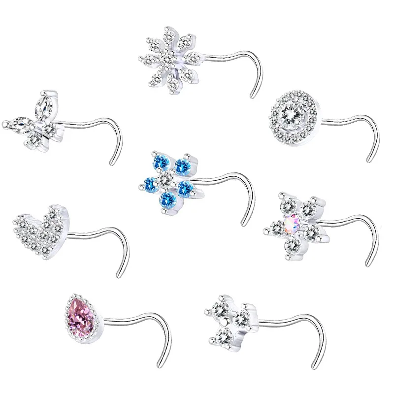 1PC 20g Surgical Steel Crystal Nose Piercing Ring Heart Flower Nose Stud L Shape Butterfly Nose Ring Indian Style Piercing Nariz