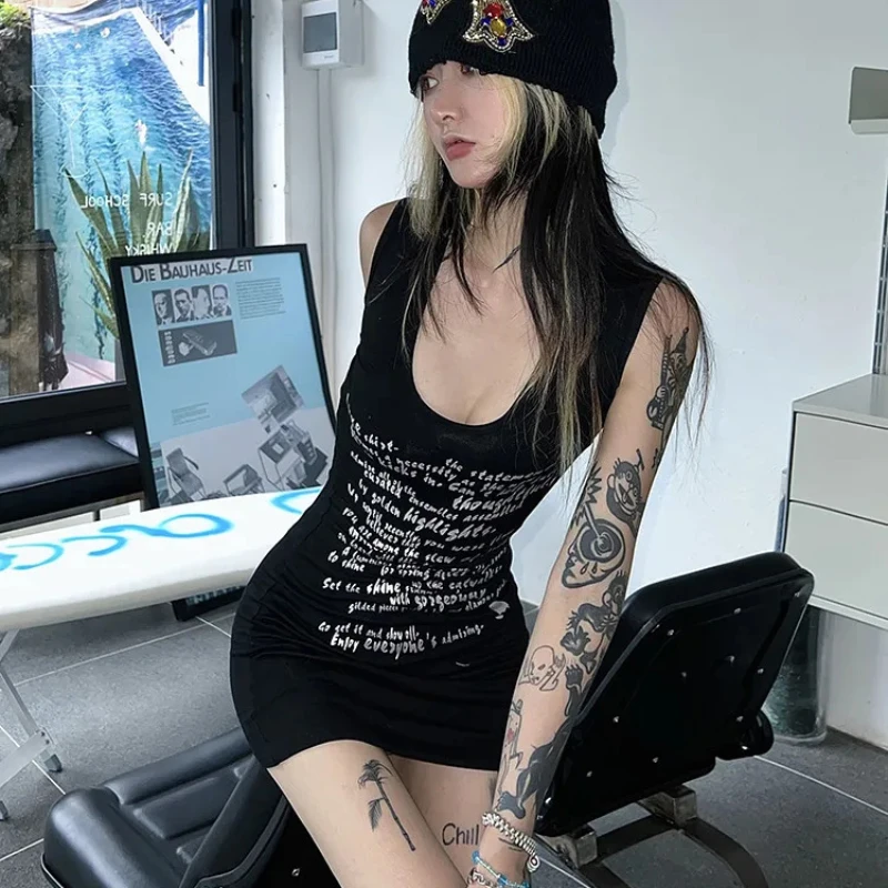 Y2K été pur désir Style femmes gothique Mini robe européenne et américaine gothique Punk sans manches jupe courte Sexy minceur