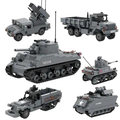 US Army Block Toy Sherman Tank Huey Helicopter M777 Howitzer M113 APC MRAP Armored Vehicle ww2 Truck Car Landing Craft
