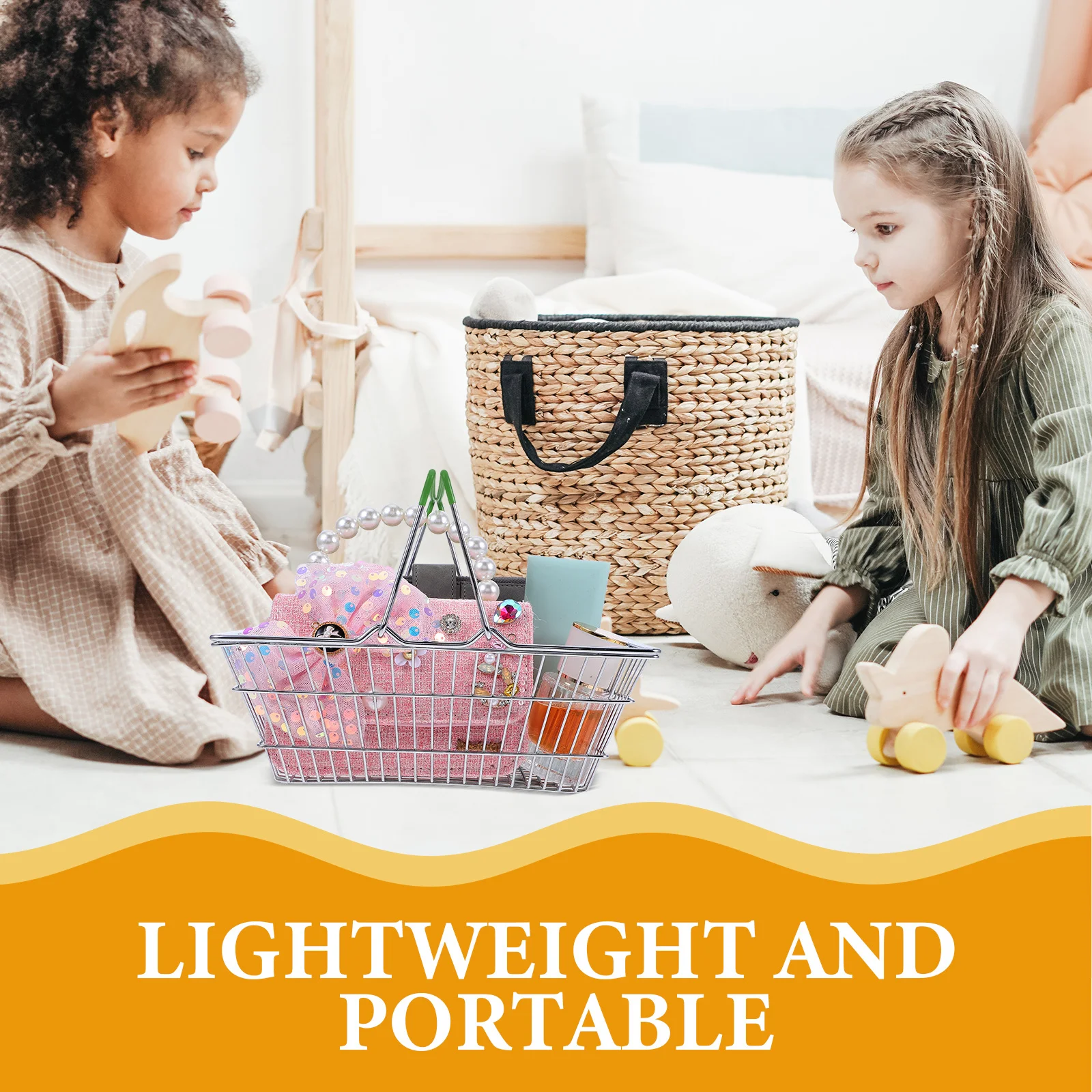 Mini Shopping Basket For Kids Metal Storage Organizer Portable Grocery Cart Handle Pretend Play Iron Basket For Home Outdoor