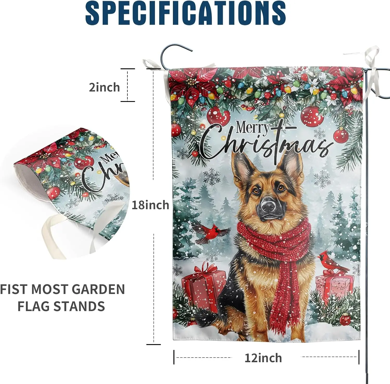 Christmas German Shepherd Garden Flag 12x18 Inch, Xmas Holiday Cute Dog Outside Vertical Banner Lawn Flag Double Sided for H jaa
