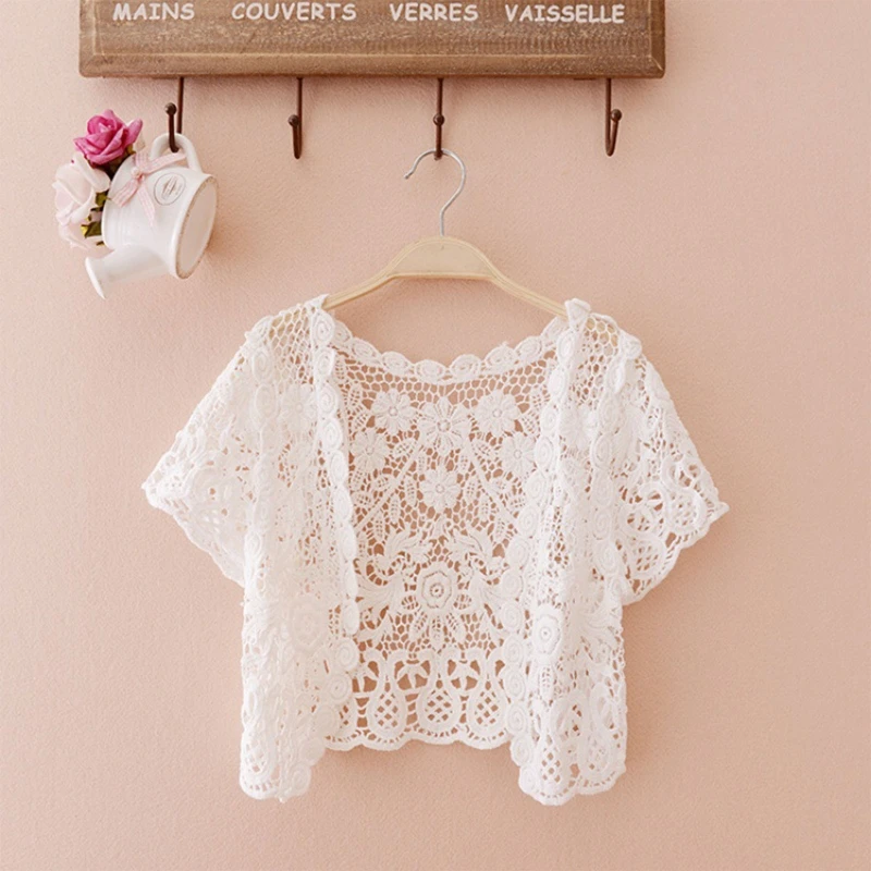 Women French Style Short Sleeve Lace Shrug Hollow Out Crochet Knit Bolero Cardigan V-Neck Button Down Sheer Crop Jacket