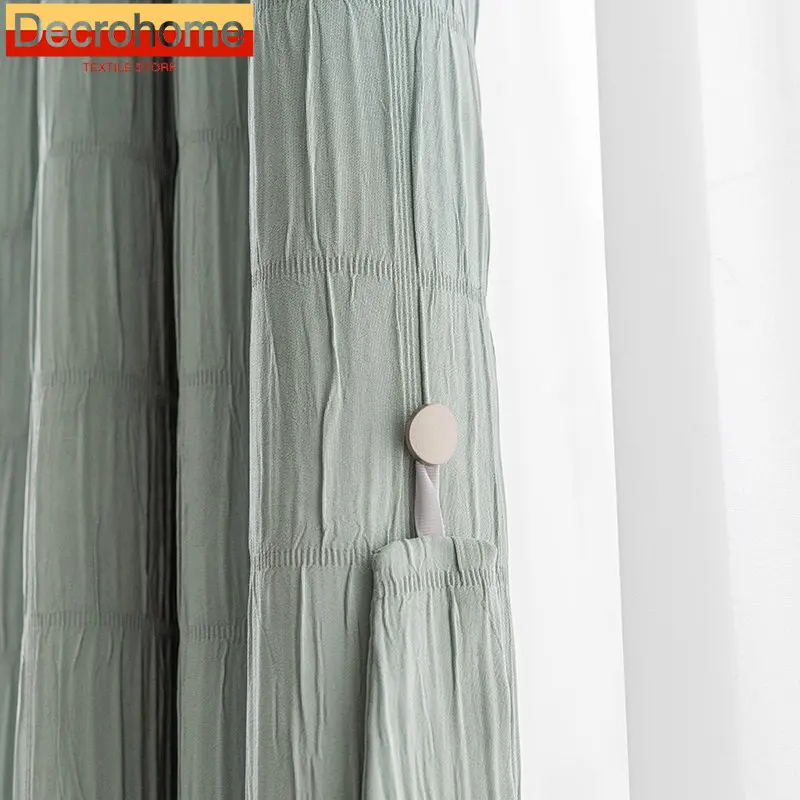 

New Matcha Green Bubble Pleated Cotton Thickened Blackout Curtains for Living Room Bedroom Balcony French Window Customized