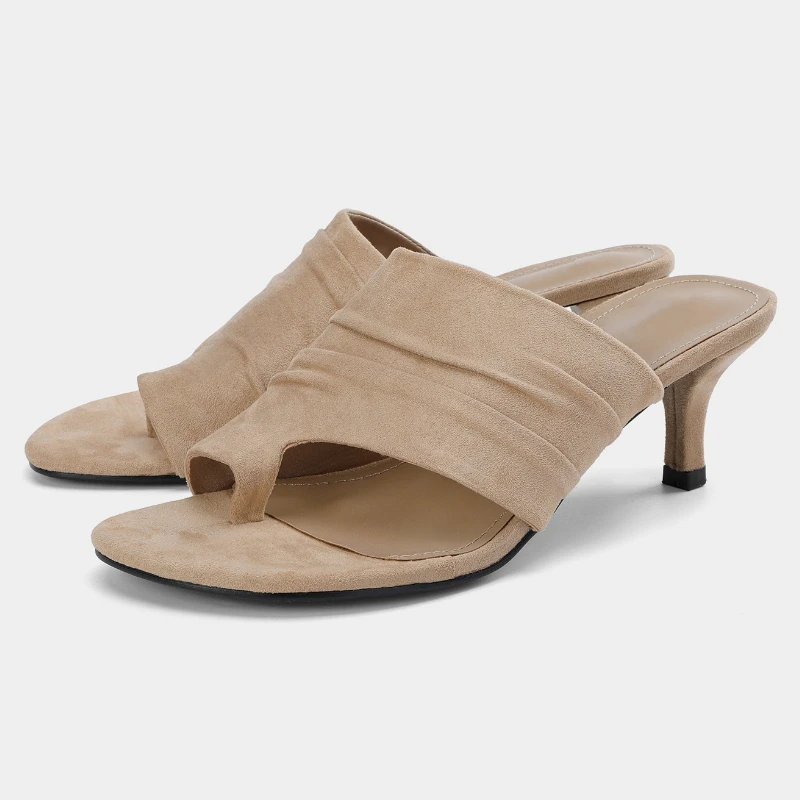 

Модные замшевые сандалии для женщин: комфортные повседневные пляжные шлепанцы с открытым носком, плиссированные, элегантные, на низком каблуке