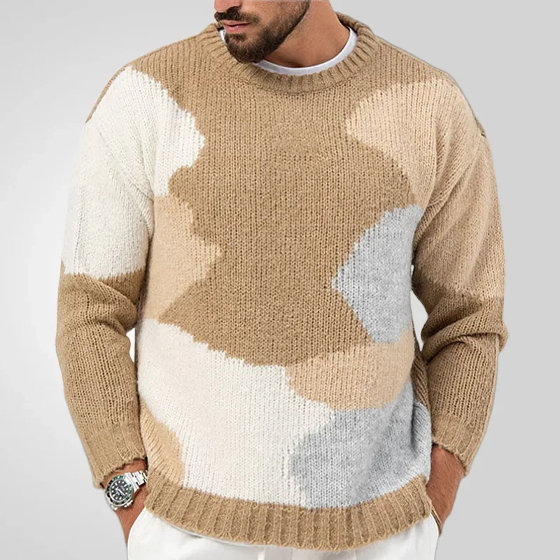 

European and American Men's Jacquard Knitted Sweater. Fashionable Round Neck Long-sleeved Pullover Sweater for Autumn and Winter