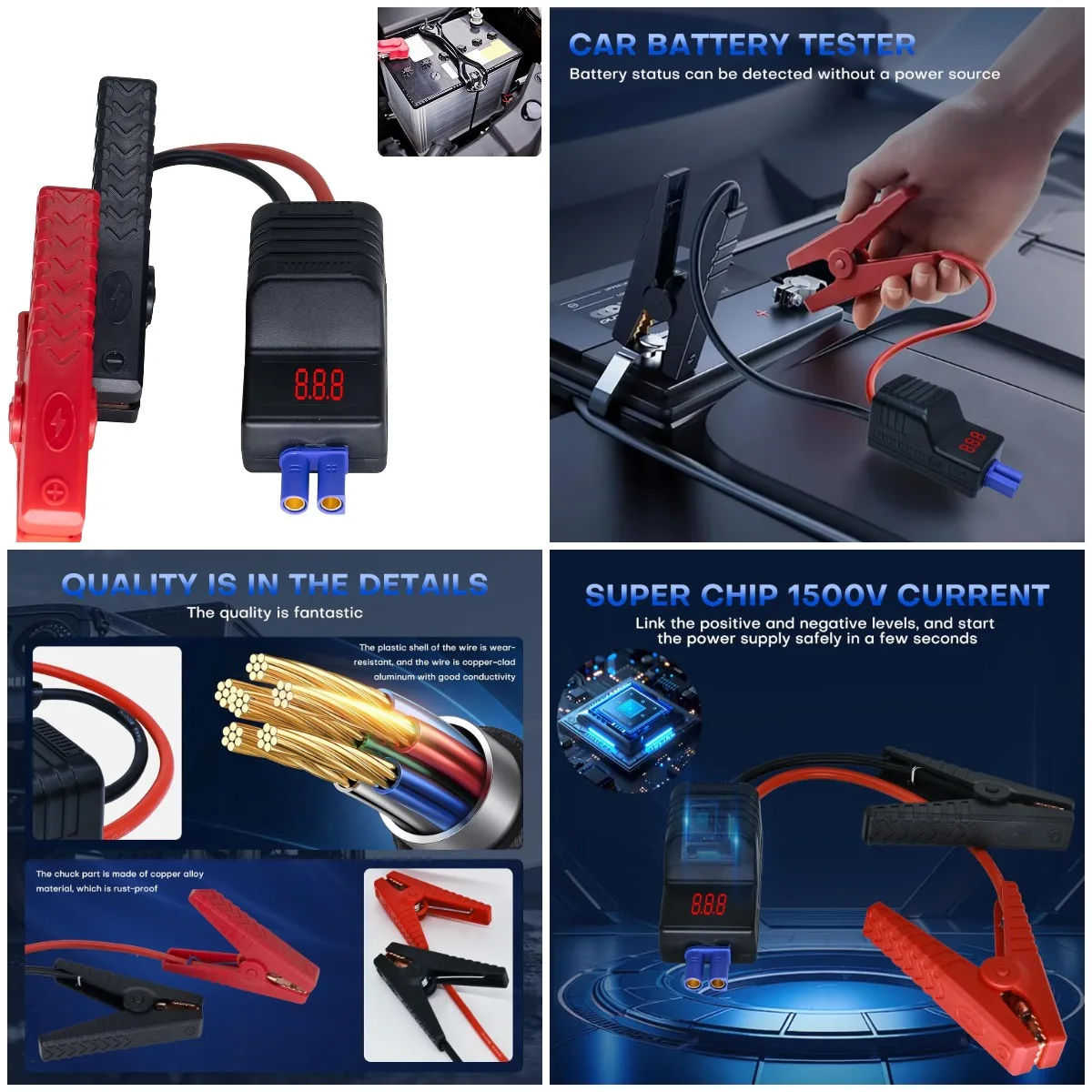 

EC5 Smart Jump Starter with LCD Screen - 12V Battery Booster & Tester - Heavy Duty Clamps, Reverse Polarity Protection