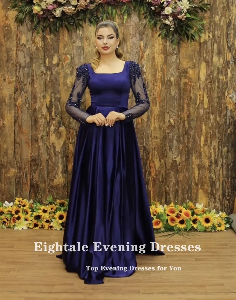 Eightale Elegant Evening Dress for Wedding Party Beaded Backless Long Sleeves Appliques A-Line Prom Gowns Arabic Celebrity Dress