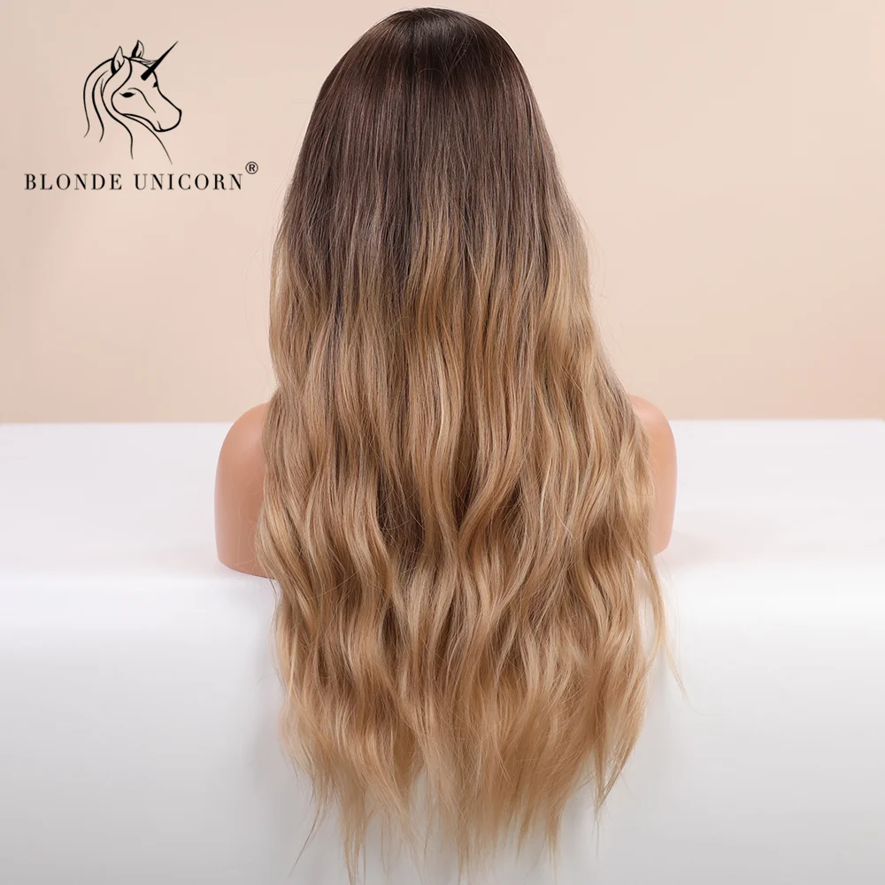 Blonde Unicorn Synthetic Wig Ombre Blonde Brown Long Wigs Middle Part Hair Wig Daily Natural Wavy Heat Resistant Fiber dla kobiet