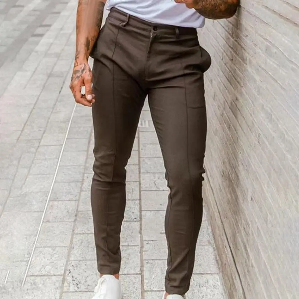 Men Pants Slim Fit Solid Color Mid Waist Soft Thin Breathable Slant Pockets Ankle Length Button Men Business Long Trousers