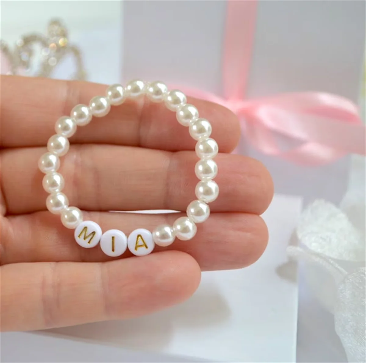 Pulsera de perlas para bebé, regalo de Navidad para niña, pulsera personalizada para recién nacido