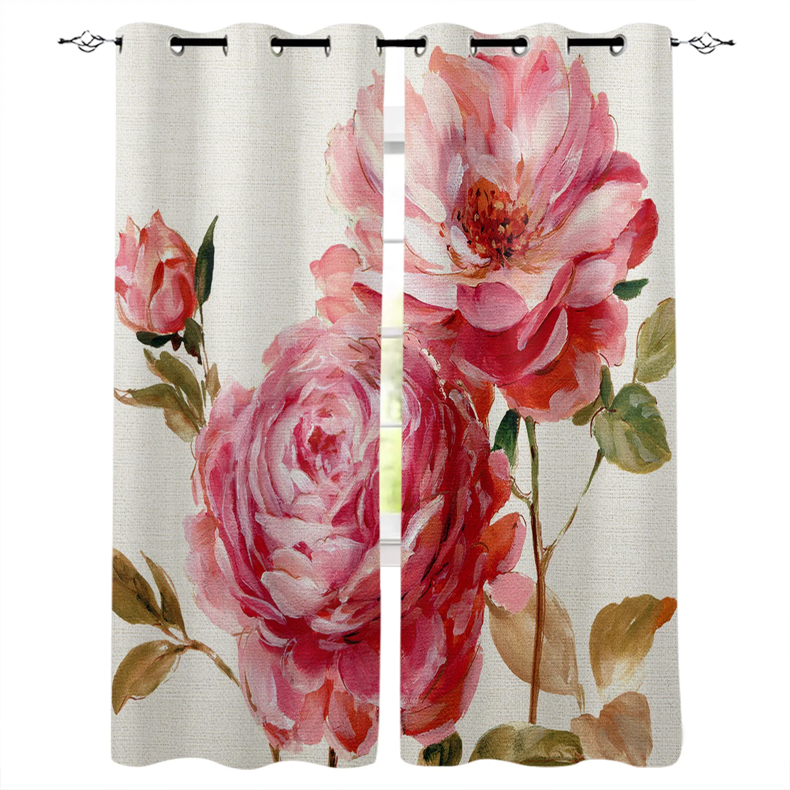 Vintage Flower Text Peony Print Curtains For Kitchen Bedroom Window Treatment Curtains for Living Room Home Decor Drapes