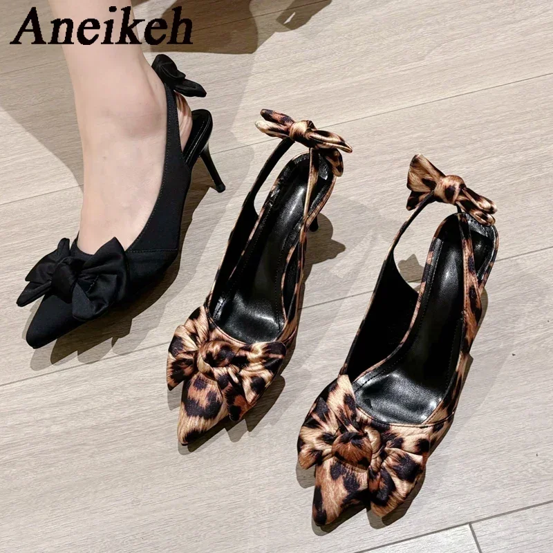 Aneikeh 2025 Summer Women Shoes Leopard print Butterfly Knot Decoration Muller High Heels  Fashion Pointed Party Stripper Sandal