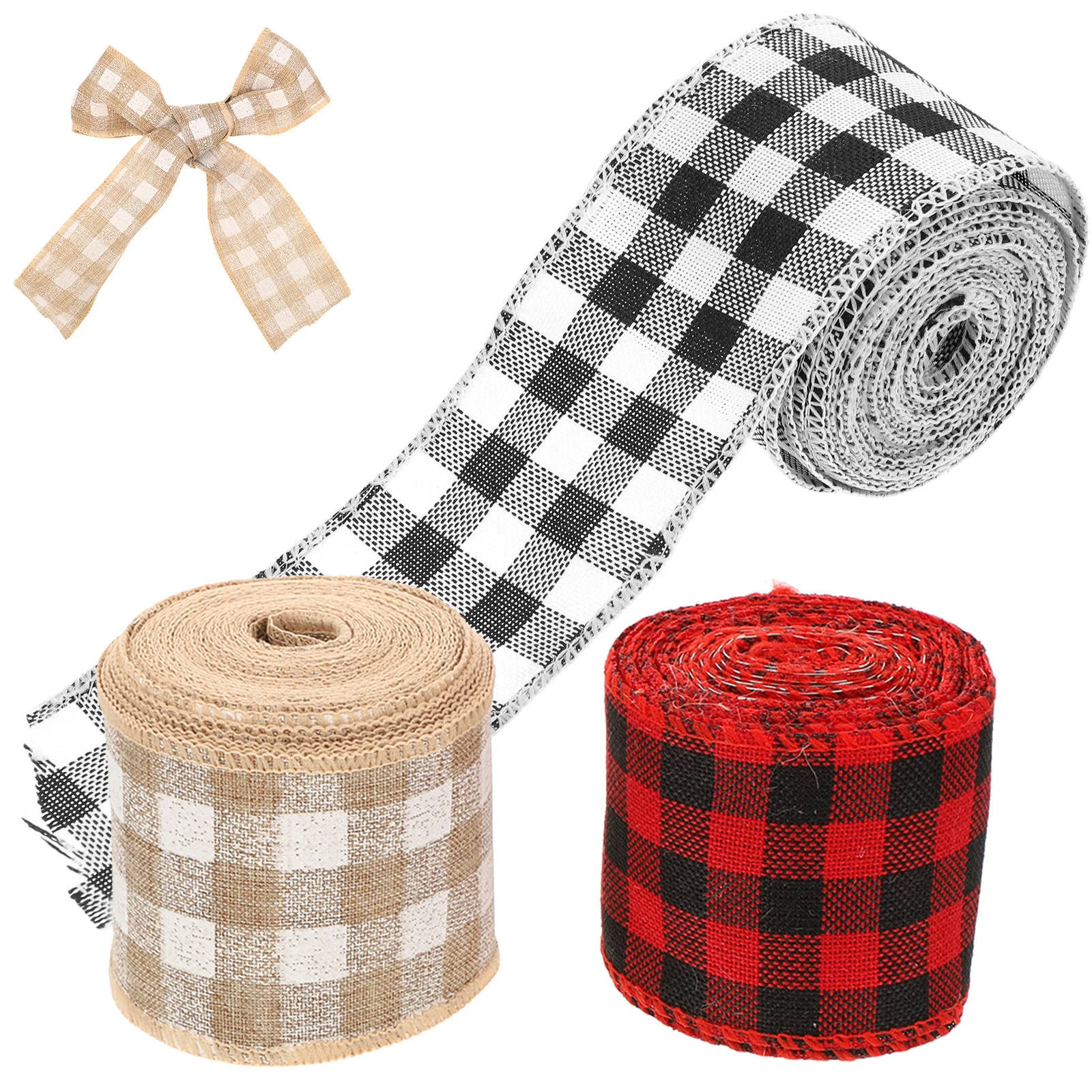

3 Rolls 6cm Wide Plaid Ribbon Imitation Linen Webbing Iron Wire Craft Ribbon for DIY Gifts Present Wrapping Christmas