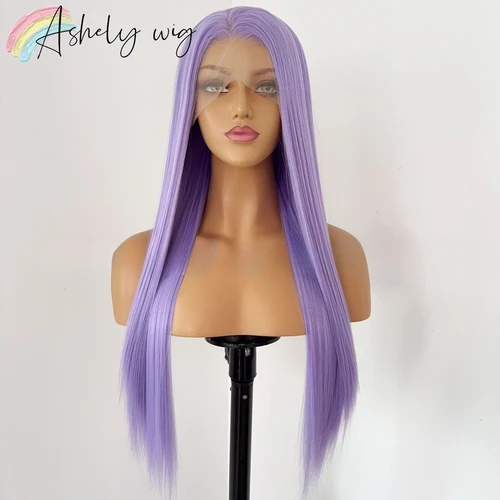 Imagen 2 del producto Peluca morada para mujer, peluca de Cosplay Rumi, pelucas de pelo largo y liso de 26 pulgadas, pelucas de encaje sintético 13*4, línea de cabello Natural para uso diario