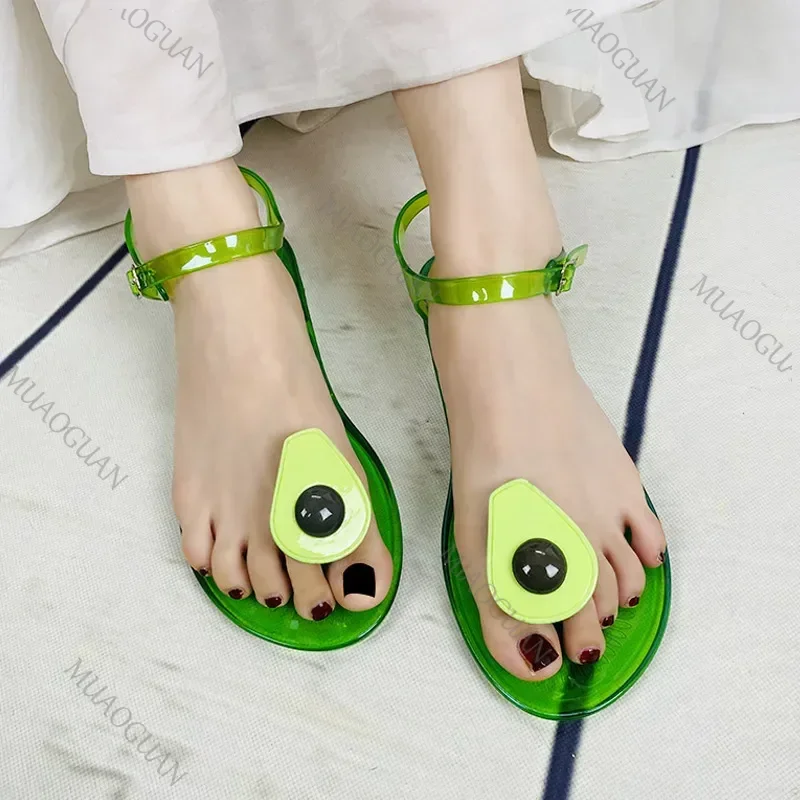 Women Fruit Sandals Transparent PVC Flat Flip-flop Sandal Ladies 2025 Summer Outdoor Fashion Non-slip Buckle Strap Beach Shoes