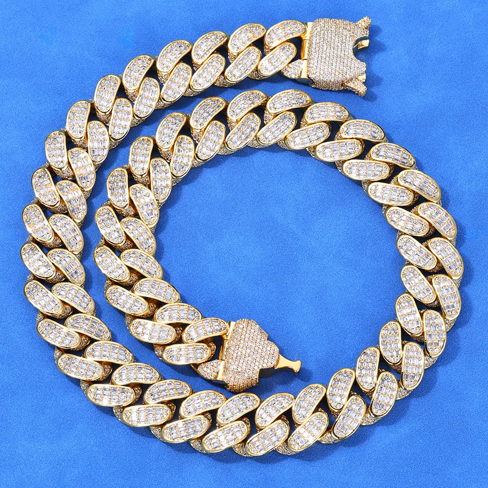 

HHIOK 18mm 3 Rows Rectangle Iced Out Jewelry CZ Cuban Link Chain Necklace Silver Plated With Heavy Hip-Hop Design